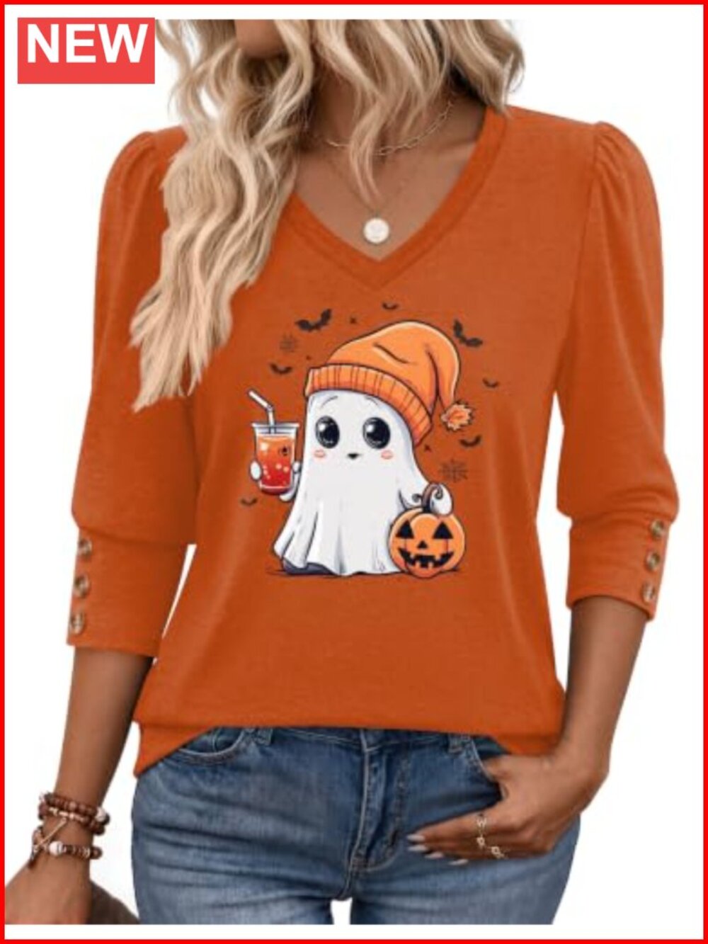 Womens 3/4 Sleeve V Neck Button Dressy Casual Tunic Top